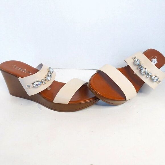 CONTESSA by ITALIAN SHOEMAKERS Ivory Bling Embellished Wedge Sandals Leather - Picture 2 of 6